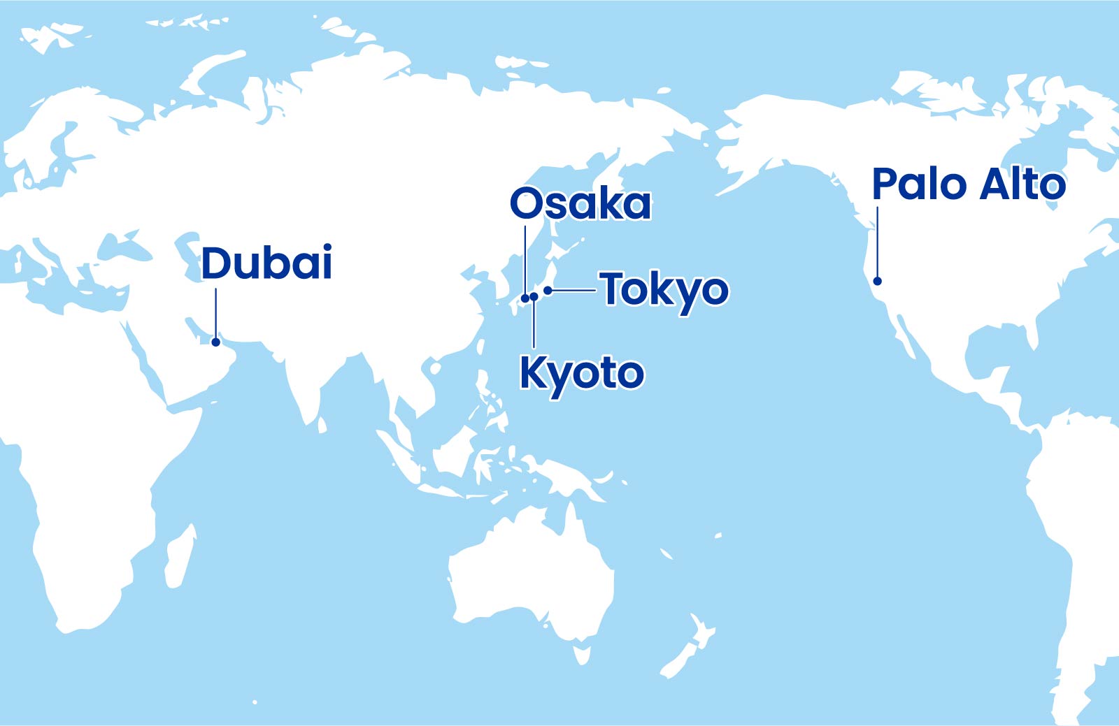 Kyoto, Osaka, Toykyo, Dubai, Palo Alto